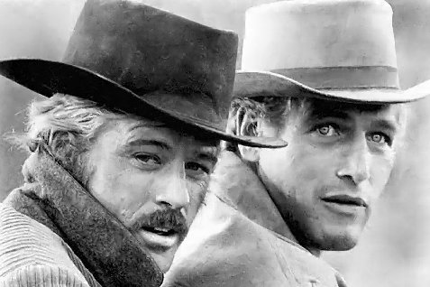 The Sundance Kid (Robert Redford) og Butch Cassidy (Paul Newman) rømmer fra autoritetene i George Roy Hills "Butch Cassidy and the Sundance Kid".
